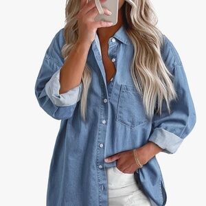Women Denim Shirts Button Down Blouse V Neck Casual Tops